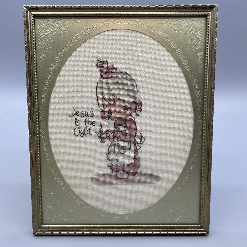 Precious Moments Framed Cross Stitch Wall Art - "Jesus Is The Light” 10”x8”